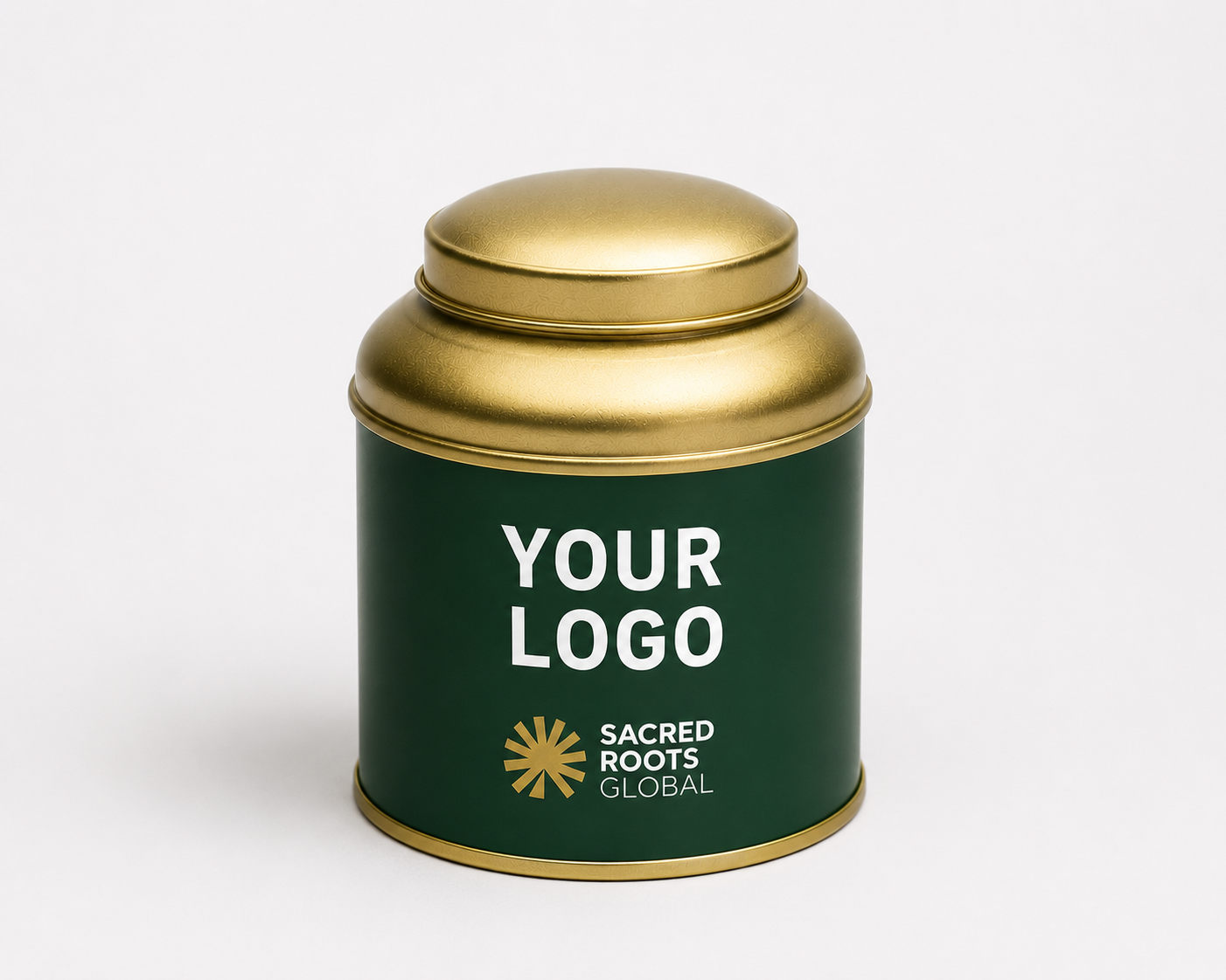 A premium Gold cylindrical metal tea canister, ready for your own branding. Simply add your logo and packaging design to create a bespoke tea tin for your brand.