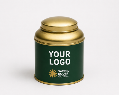 A premium Gold cylindrical metal tea canister, ready for your own branding. Simply add your logo and packaging design to create a bespoke tea tin for your brand.