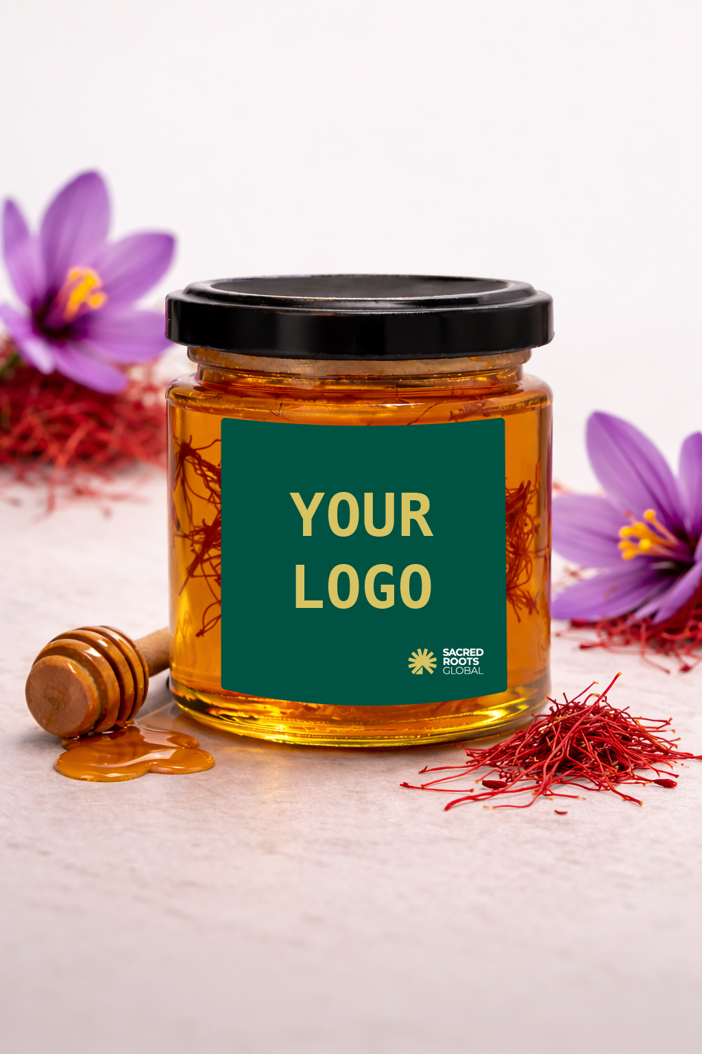 Premium Saffron Infused Honey for private label brands. A luxury botanical honey with full 360° support including packaging, branding, production and export solutions.